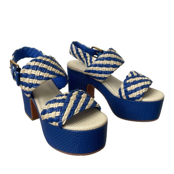 Charlotte Stone Woven Blue and Cream Heels - Picture 3 of 7